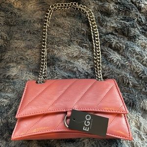 EGO WAREHOUSE RING DETAIL QUILTED SHOULDER BAG IN PINK FAUX LEATHER